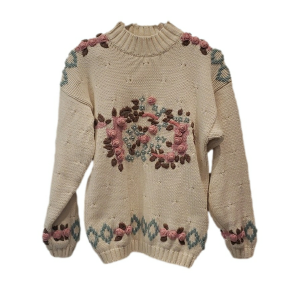 Mister Leonard Sweater Ivory Floral Mock Neck KM 130 SK Women's Size Small
